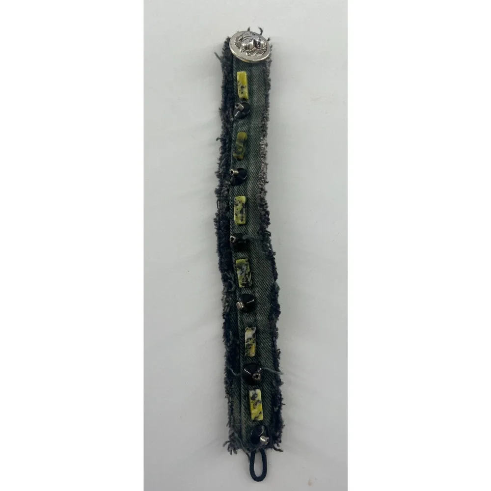 Handmade Denim Jean Black Green Beaded Bracelet Boho Bohemian Indie Button Clasp - Picture 1 of 8